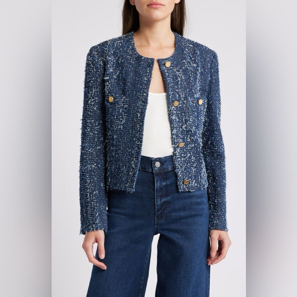 Frame Denim Navy Blue Tweed Cropped Jacket with Gold Buttons